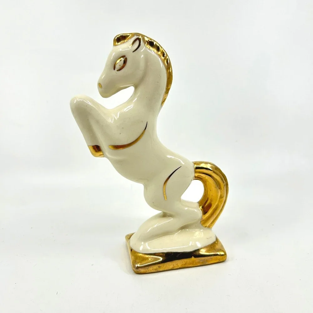 Vintage Mid Century Gold White Ceramic Rearing Horse Figurine